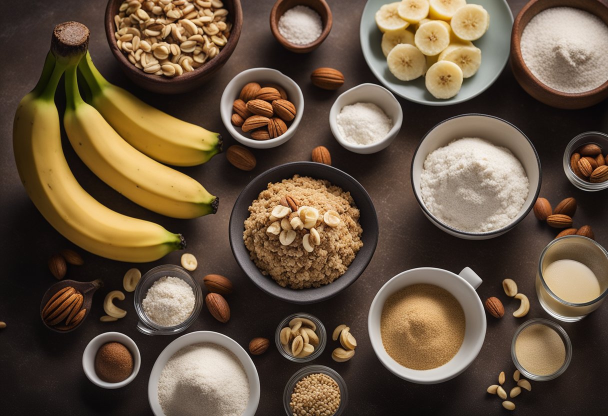 Uma bancada de cozinha com ingredientes para bolo de banana com nozes dispostos, incluindo bananas, nozes, farinha e uma tigela para misturar