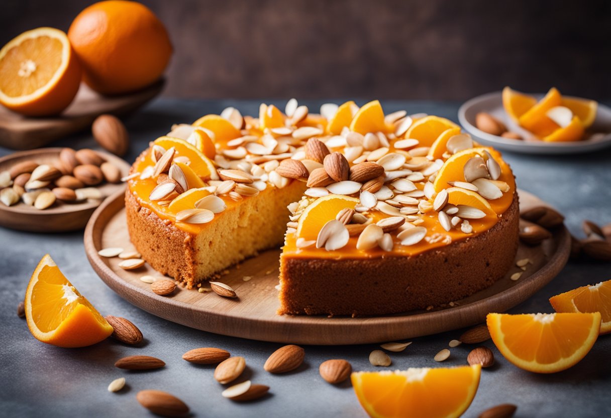 Um bolo laranja vibrante coberto com amêndoas fatiadas, cercado por laranjas frescas e cascas de amêndoas espalhadas.