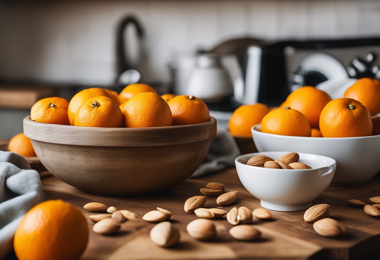 Uma bancada de cozinha rústica com laranjas frescas, amêndoas e uma tigela de mistura para fazer um bolo único de laranja e amêndoa