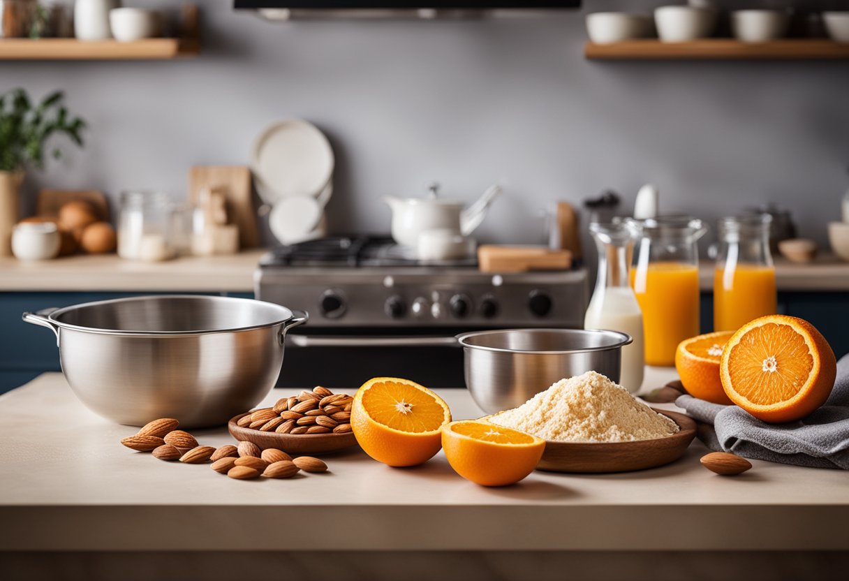 Uma bancada de cozinha com ingredientes para bolo de laranja com amêndoas, incluindo laranjas, amêndoas, farinha e uma tigela de mistura.