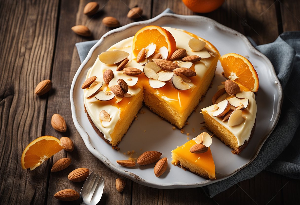 Um bolo laranja vibrante coberto com amêndoas fatiadas, repousando sobre uma mesa de madeira rústica