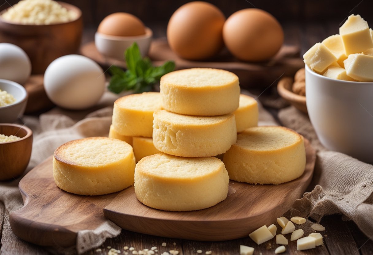 Uma mesa de cozinha rústica com um bolo de fubá com queijo Minas recém-assado, cercada por ingredientes como fubá, ovos e queijo.