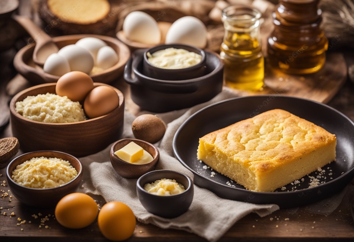 Uma mesa de cozinha rústica com um bolo de fubá com queijo minas recém-assado, cercada por ingredientes como fubá, queijo e ovos.