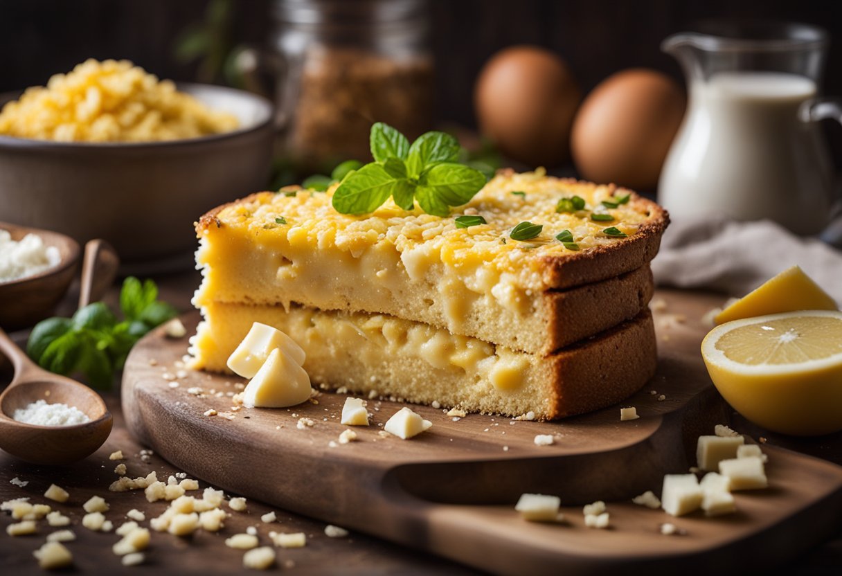 Uma mesa de cozinha rústica com um bolo de fubá recém-assado coberto com fatias de queijo Minas, cercada por ingredientes espalhados como ovos, fubá e queijo.