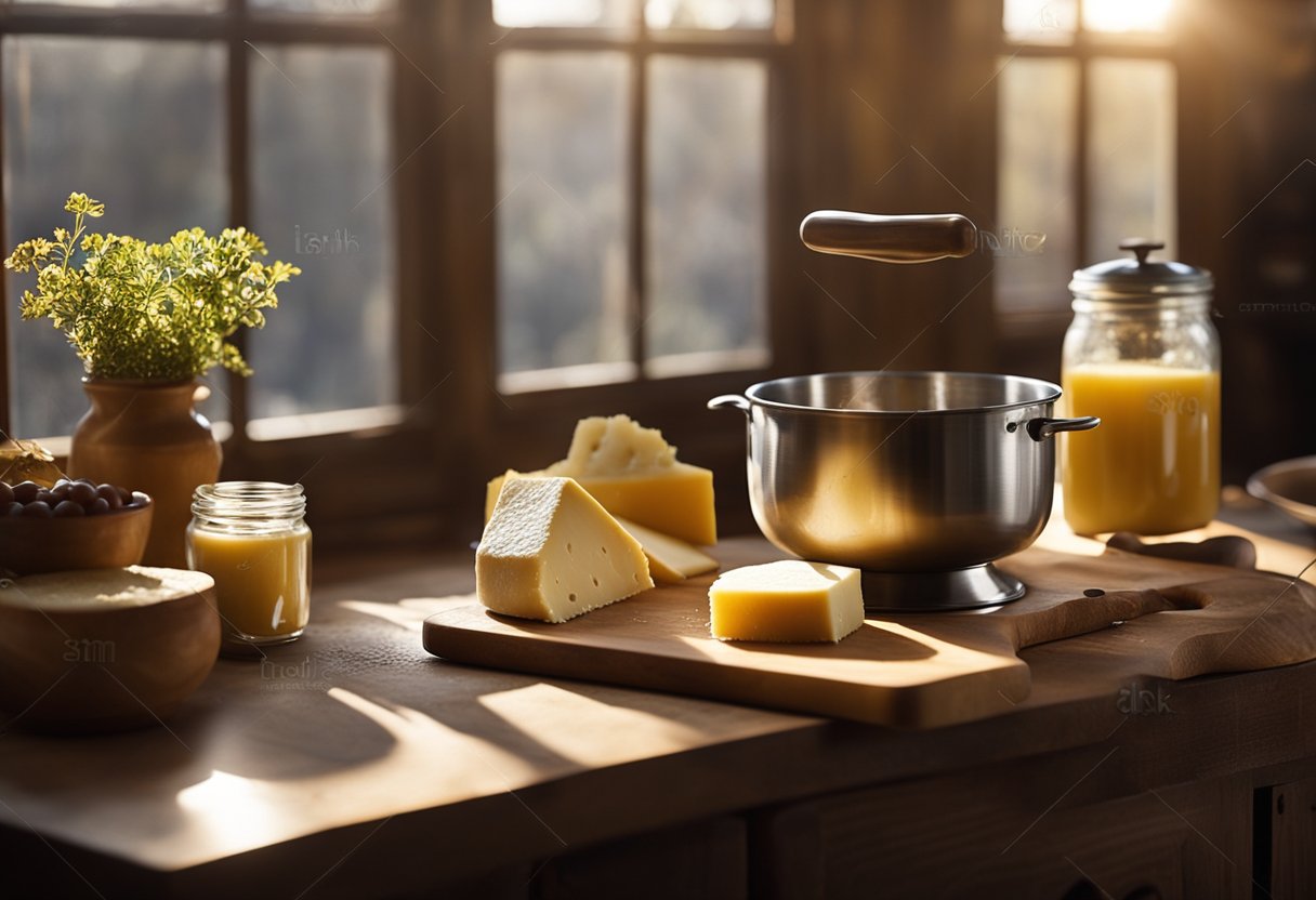 Uma cozinha rústica com uma batedeira vintage, uma tigela de fubá e um bloco de queijo Minas em uma tábua de corte de madeira. A luz do sol entra pela janela, projetando sombras quentes sobre os ingredientes.