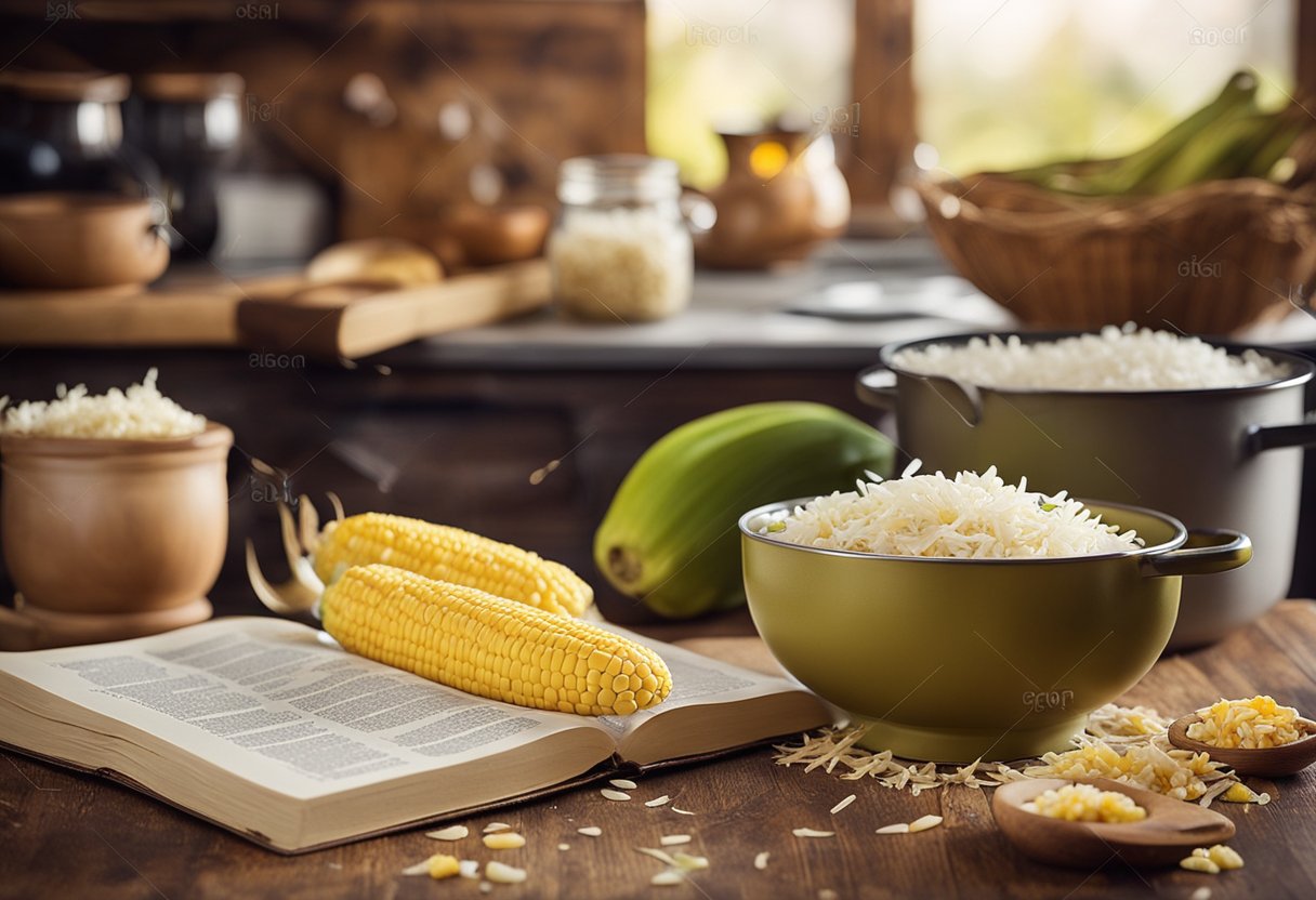 Uma cozinha rústica com uma tigela de mistura vintage, milho fresco, coco ralado e um livro de receitas aberto na página de "Bolo de Milho com Coco."