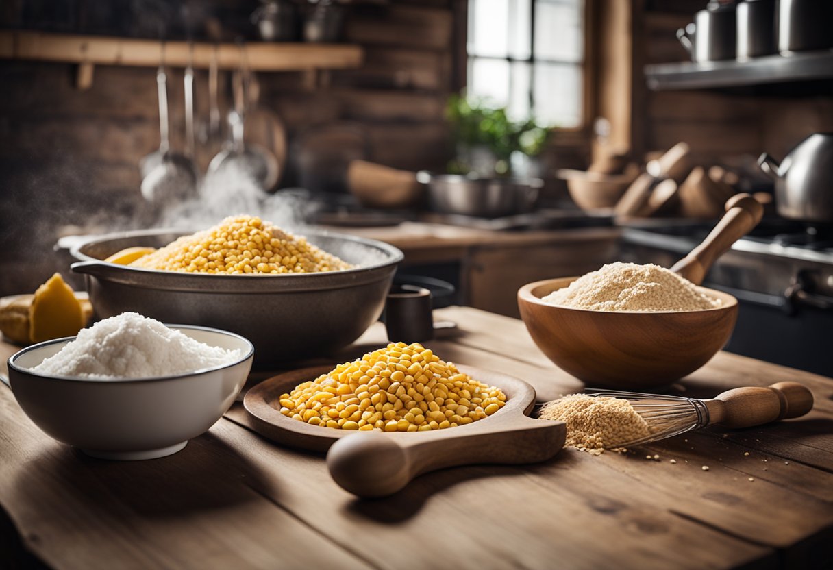 Uma cozinha rústica com ingredientes como milho, coco e farinha dispostos em uma mesa de madeira. Uma tigela de mistura e um batedor estão prontos para uso, enquanto um forno vintage pré-aquece ao fundo.