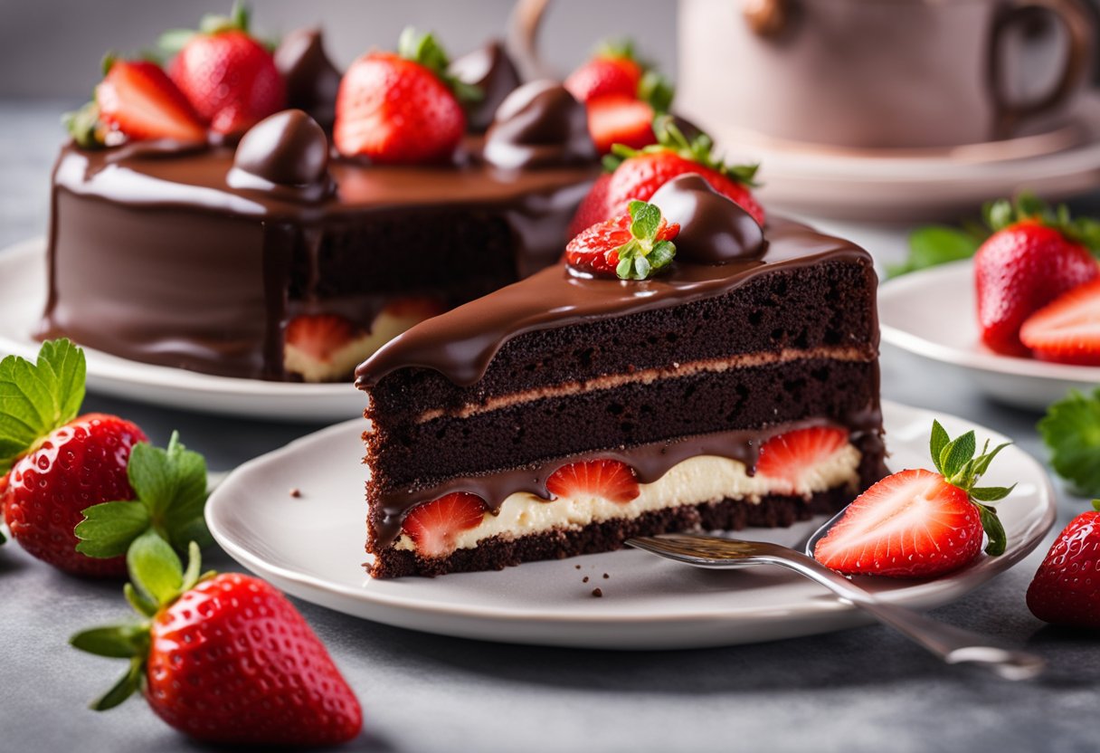 Um bolo de chocolate com recheio de morango, coberto com ganache de chocolate e morangos frescos