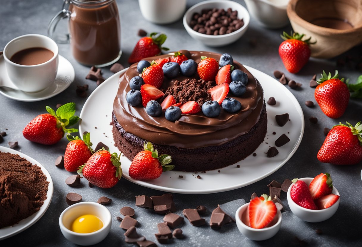 Uma mesa com ingredientes variados para um bolo de chocolate com recheio de morango, incluindo cacau em pó, farinha, ovos, morangos e gotas de chocolate.