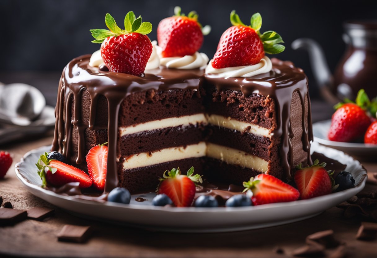 Um bolo de chocolate sendo recheado com morangos frescos, criando uma sobremesa única e deliciosa.