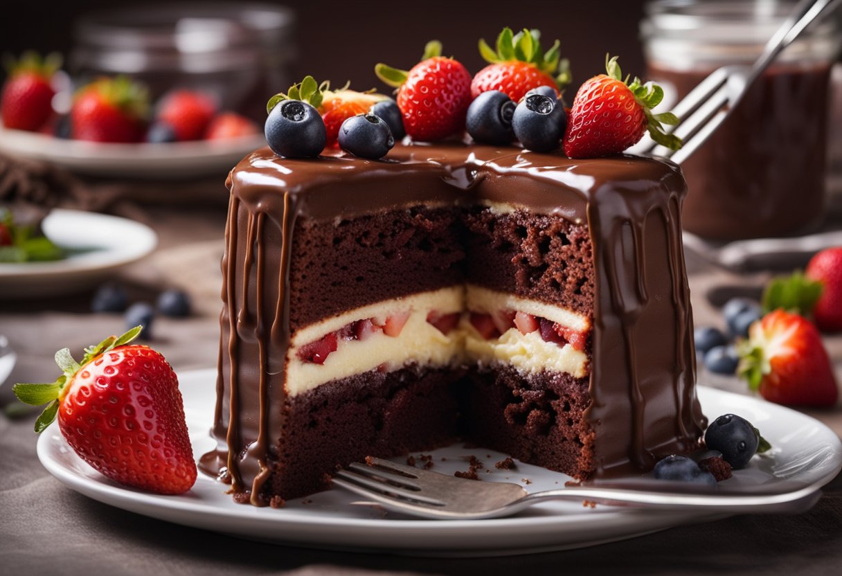 Um bolo de chocolate sendo recheado com um recheio de morango fresco, criando uma sobremesa única e deliciosa