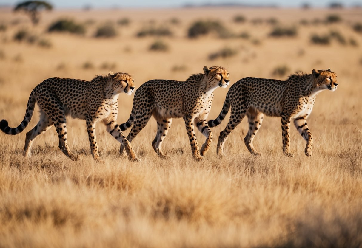 A group of cheetahs roam a vast, dry savannah, their sleek bodies blending into the golden grass as they hunt for prey