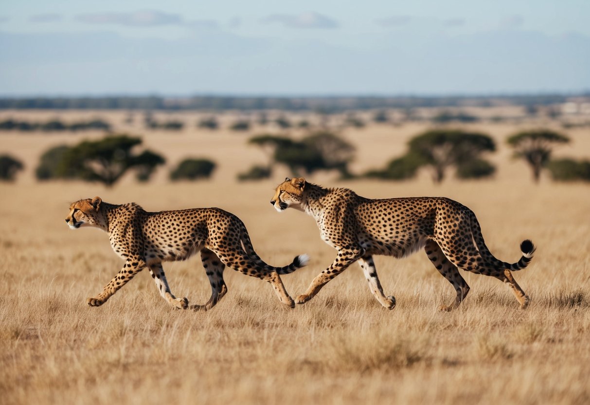 A cheetah family running across a vast savannah, with a backdrop of disappearing habitat and encroaching human development
