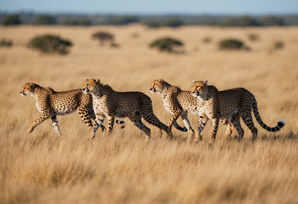 A group of cheetahs roam freely across a vast savanna, their sleek bodies blending into the golden grass as they hunt for prey