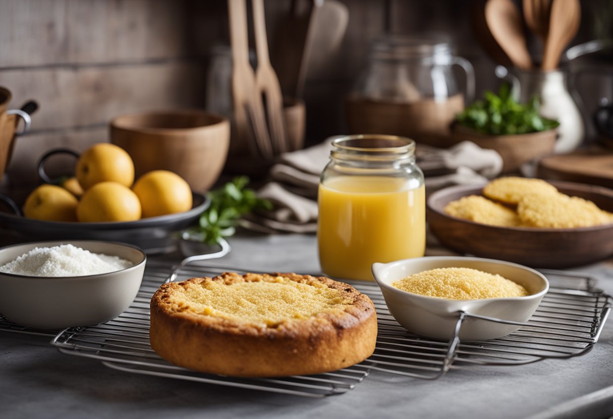 Uma bancada de cozinha rústica com um bolo de fubá caseiro recém-assado esfriando em uma grade. Ingredientes e utensílios espalhados ao redor.