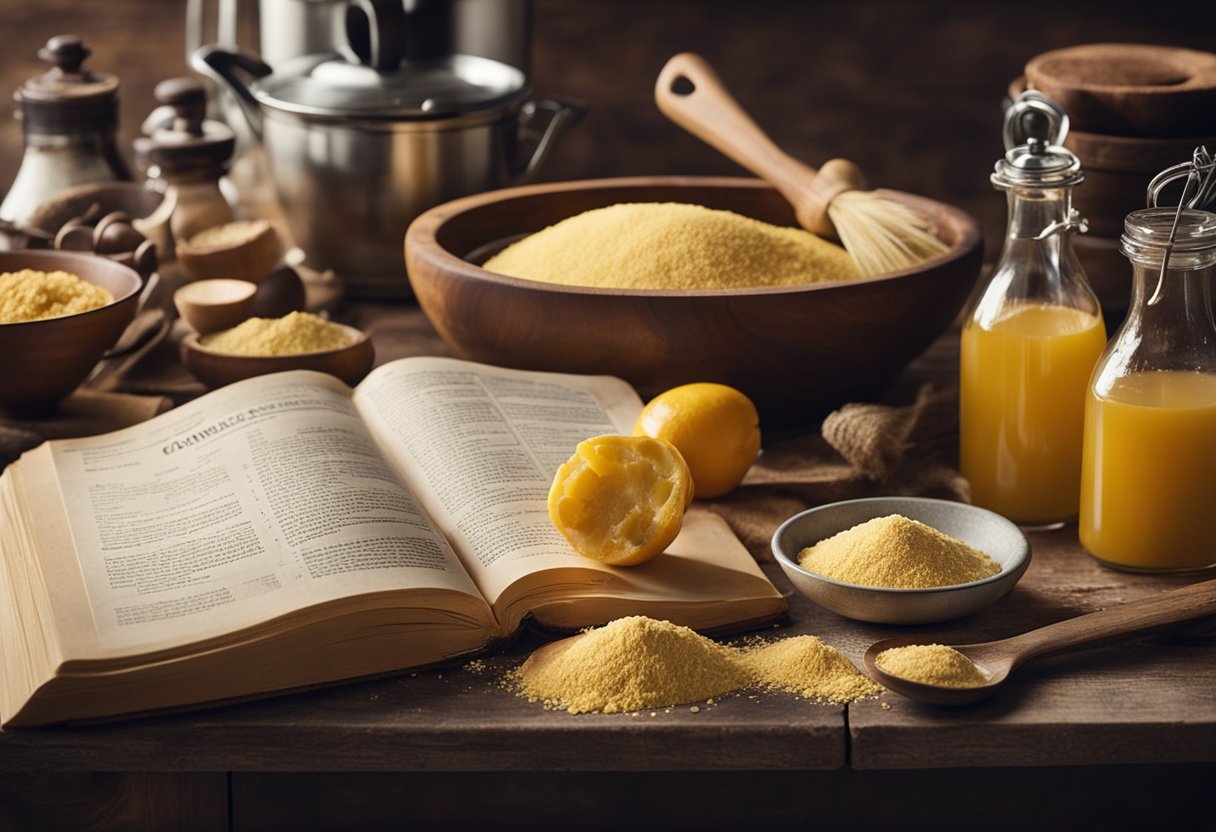 Uma cozinha rústica com uma mesa de madeira posta com ingredientes para bolo de fubá caseiro. Um livro de receitas vintage está aberto ao lado de uma tigela de mistura e um batedor.