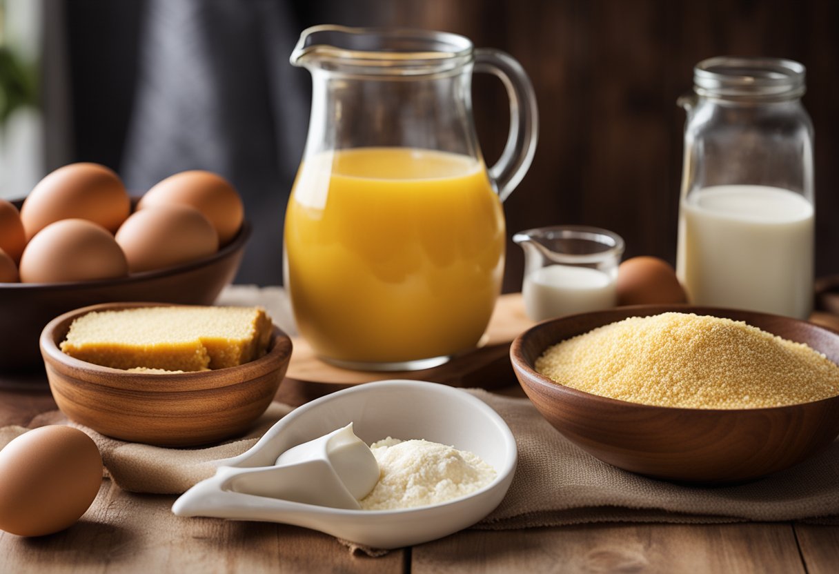 Uma bancada de cozinha rústica com uma tigela de madeira, um saco de fubá, ovos, leite e açúcar. Um livro de receitas aberto em uma página intitulada "Bolo de Fubá Caseiro."