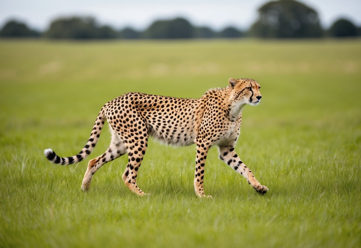 A cheetah roams freely in a lush, open grassland in the UK