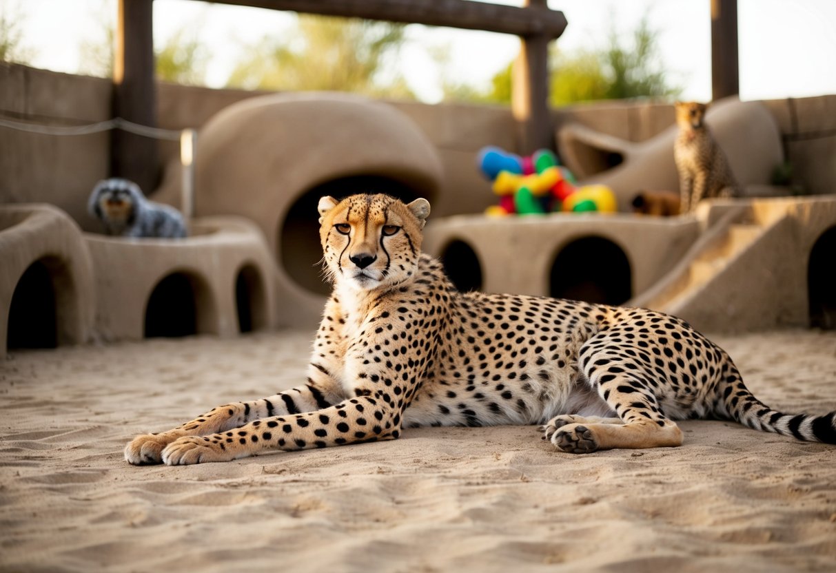 A cheetah lounges in a spacious, naturalistic enclosure, with plenty of room to run and climb. The environment is enriched with various hiding spots and toys for mental stimulation