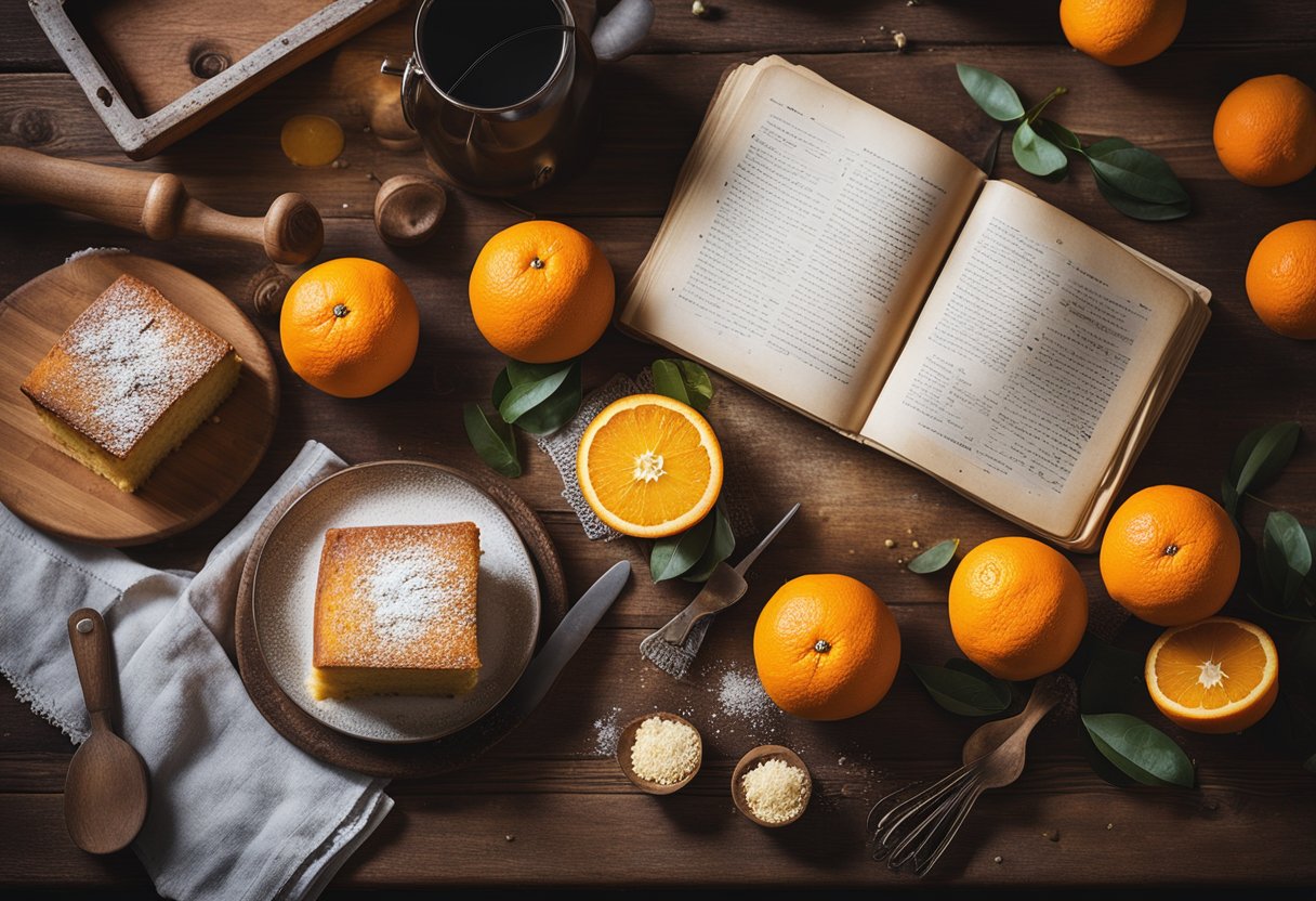 Uma cozinha rústica com uma mesa de madeira vintage segurando um bolo de laranja caseiro recém-assado, cercada por laranjas espalhadas e um livro de receitas vintage.