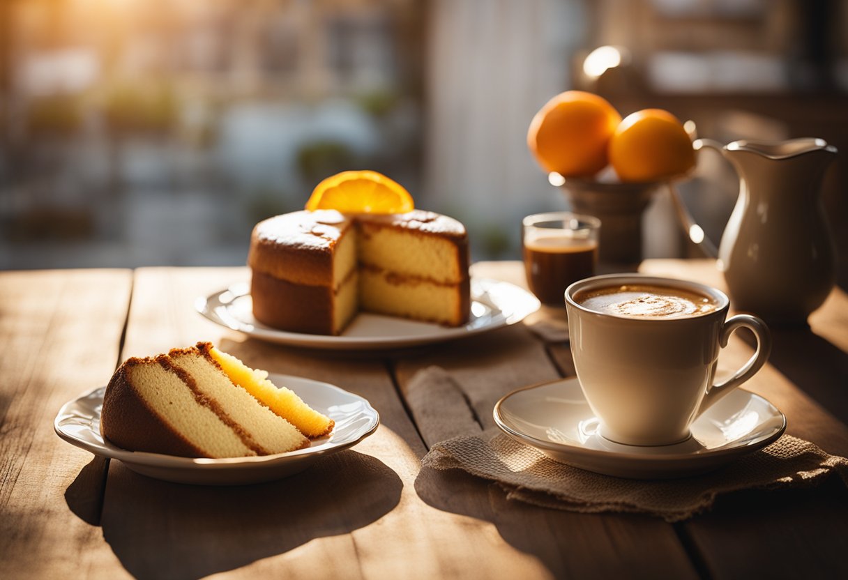 Uma mesa de cozinha rústica com um bolo de laranja caseiro recém-assado, acompanhado por uma xícara fumegante de café, banhada pela luz quente da tarde.