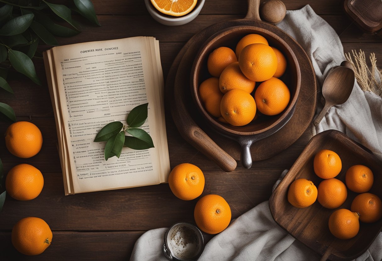 Uma bancada de cozinha rústica com laranjas frescas, uma tigela de madeira e um livro de receitas vintage aberto em uma página para bolo de laranja caseiro.