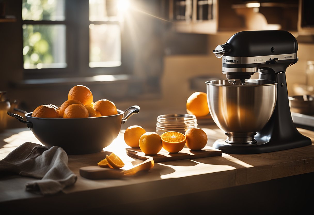 Uma cozinha rústica com uma mesa de madeira adornada com laranjas frescas, uma tigela de mistura e um batedor manual vintage. A luz do sol entra pela janela, lançando um brilho quente na cena.