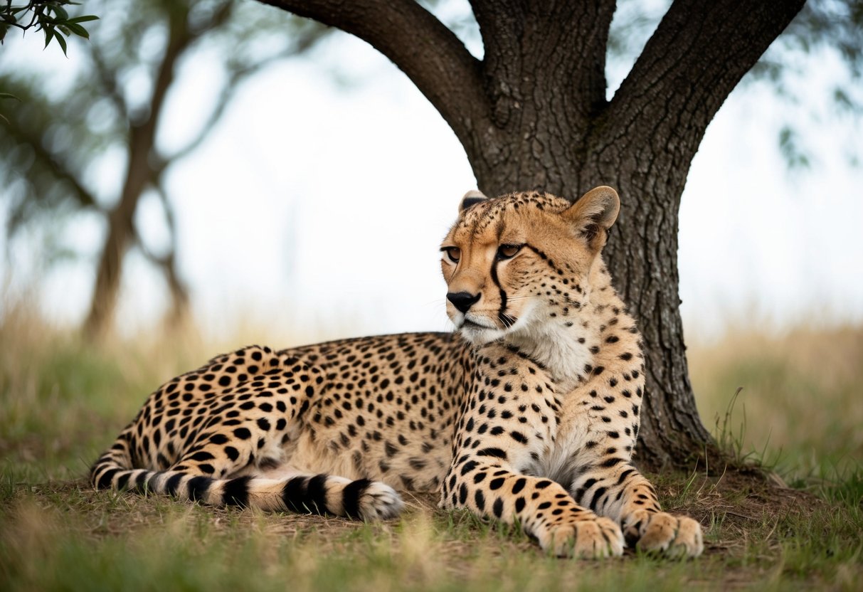 A cheetah lies peacefully under a tree, surrounded by its sleek and powerful body, but its expression is one of weariness and fragility