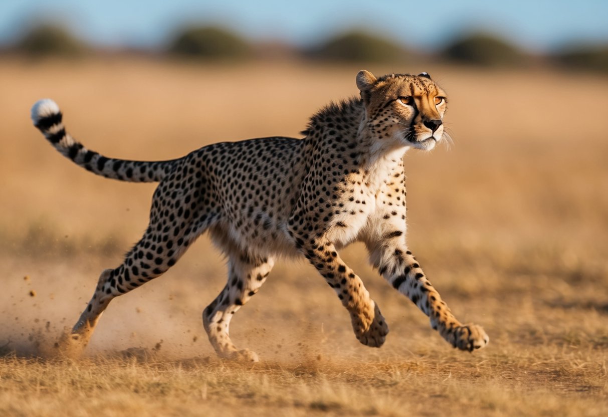 A cheetah running at top speed, its slender body and long legs in motion, with a weary expression on its face