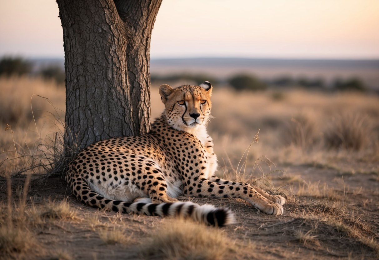 A cheetah resting under a tree, surrounded by dry grass and distant savannah. The sun is setting, casting a warm glow over the landscape