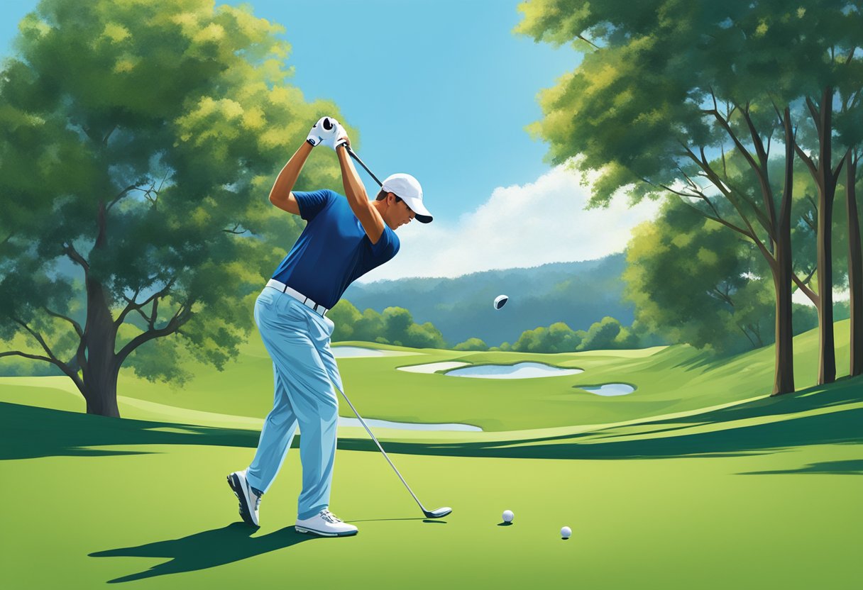 A golfer swings a hybrid club on a lush fairway, with a serene blue sky and distant trees in the background