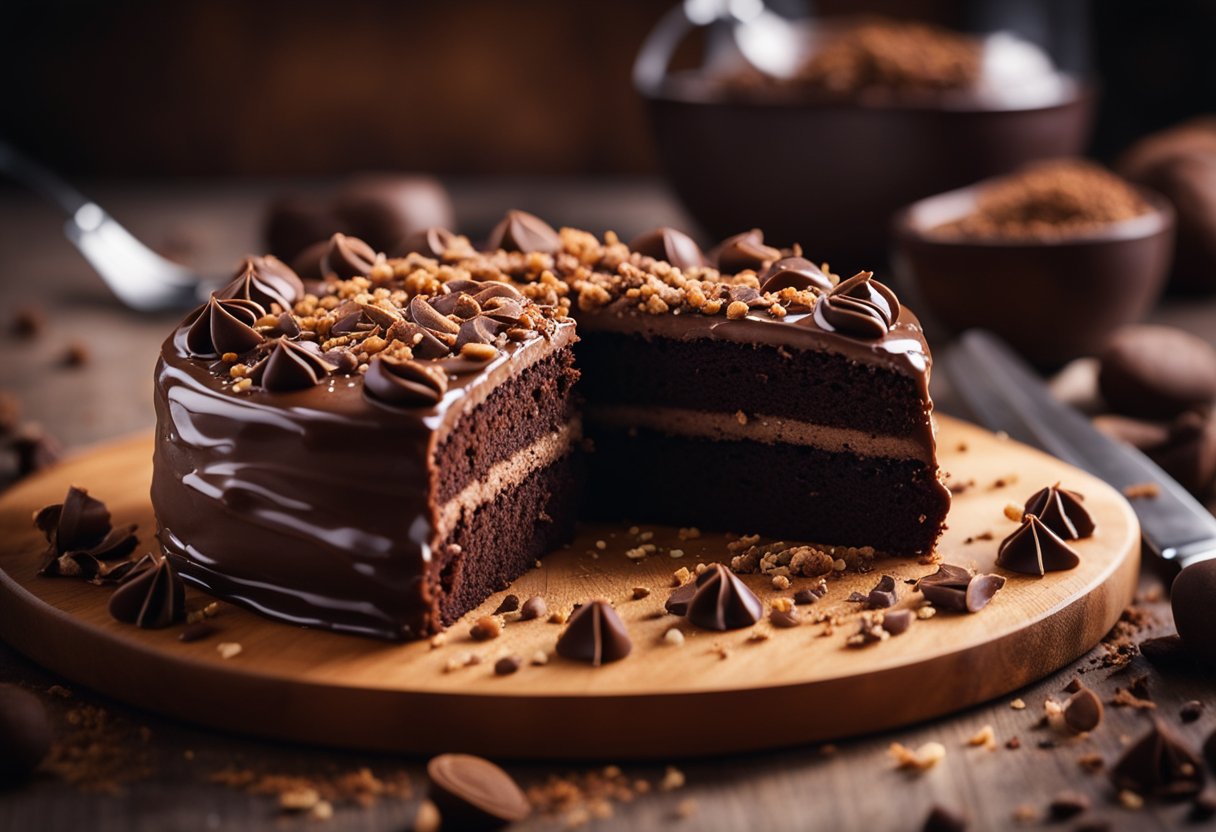 Um bolo de chocolate caseiro sendo cortado fresco em uma tábua de madeira, com migalhas e lascas de chocolate espalhadas ao redor