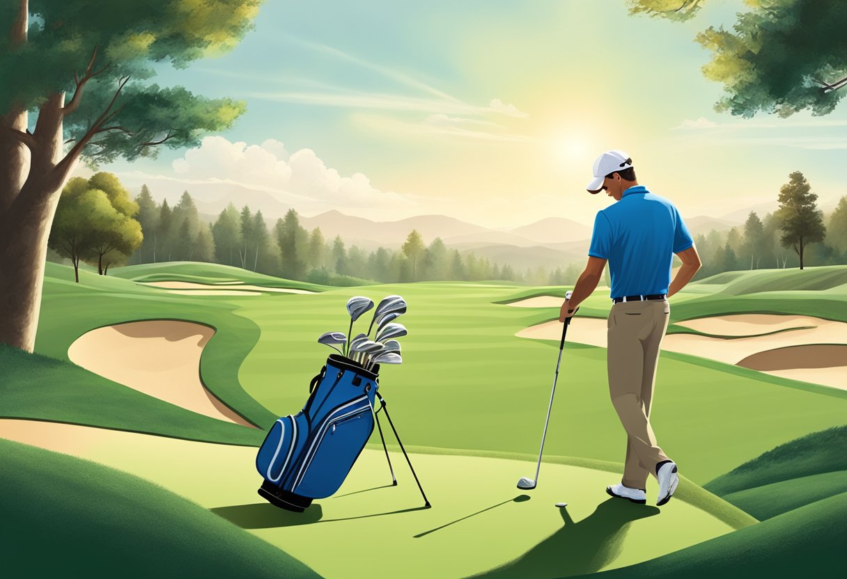 A golfer selecting between traditional and hybrid clubs on a sunny, well-manicured golf course with a bag of clubs at their feet