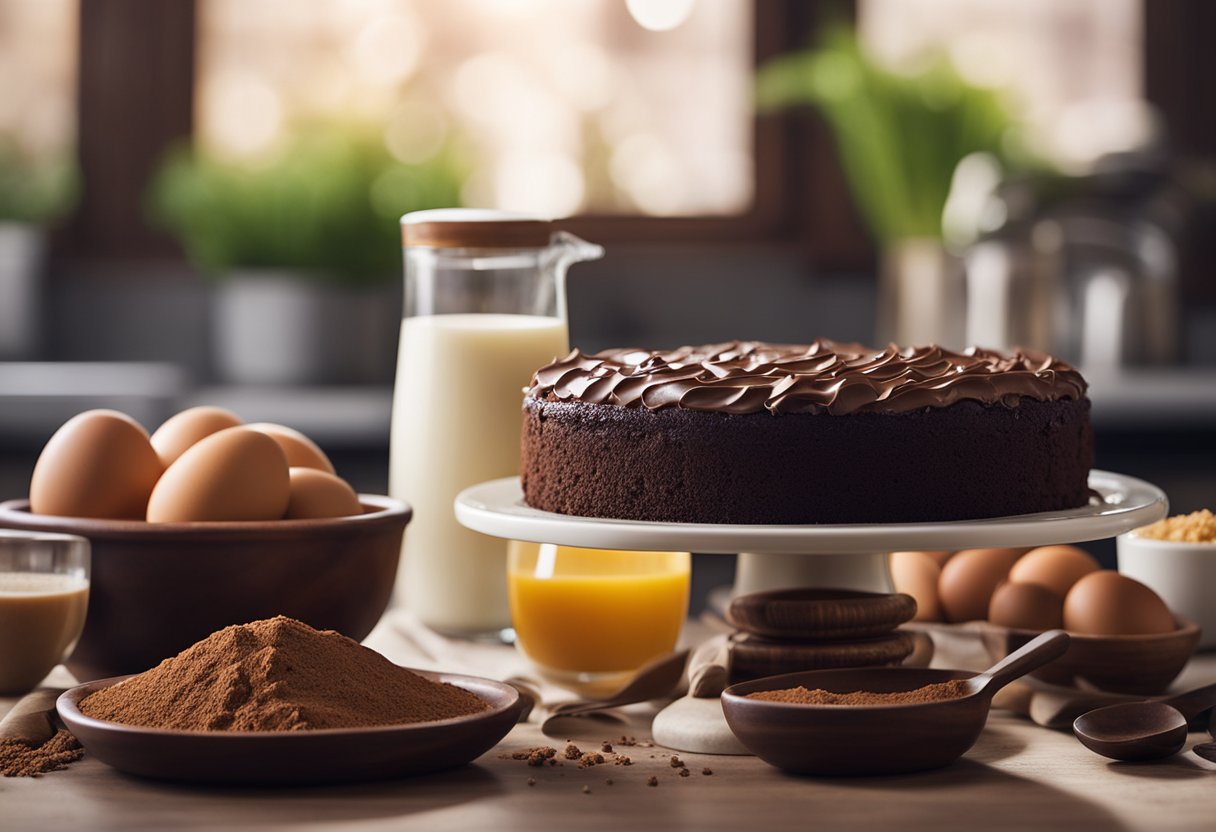 Uma bancada de cozinha com ingredientes para bolo de chocolate caseiro: farinha, cacau em pó, açúcar, ovos, leite e manteiga