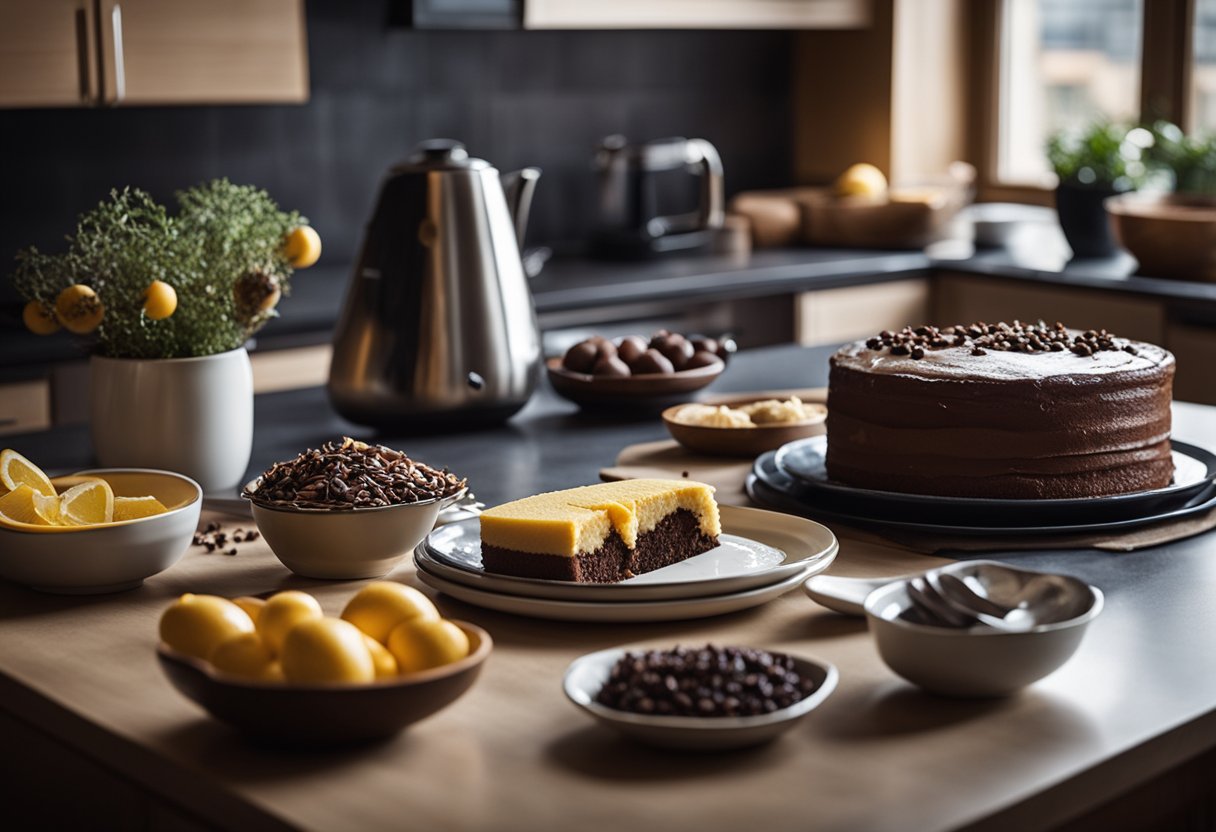 Uma bancada de cozinha com ingredientes e utensílios para bolo de chocolate caseiro