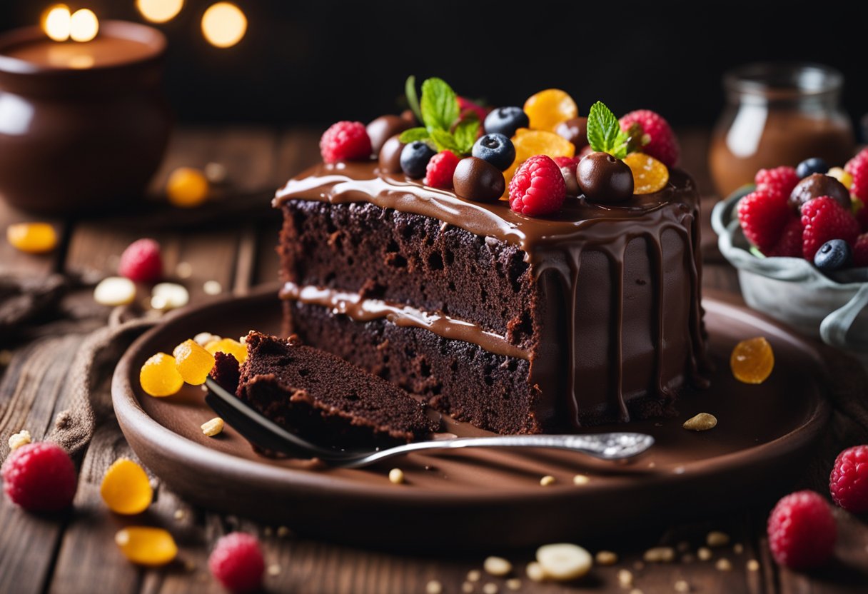 Um bolo de chocolate caseiro com cobertura rica e coberturas decorativas em uma mesa de madeira rústica