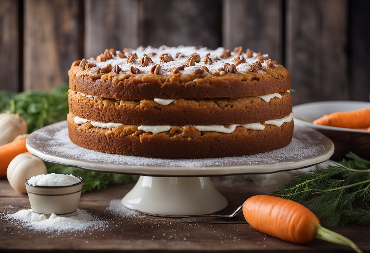 Um bolo de cenoura caseiro em uma mesa de madeira rústica, cercado por cenouras frescas e uma camada de açúcar de confeiteiro.