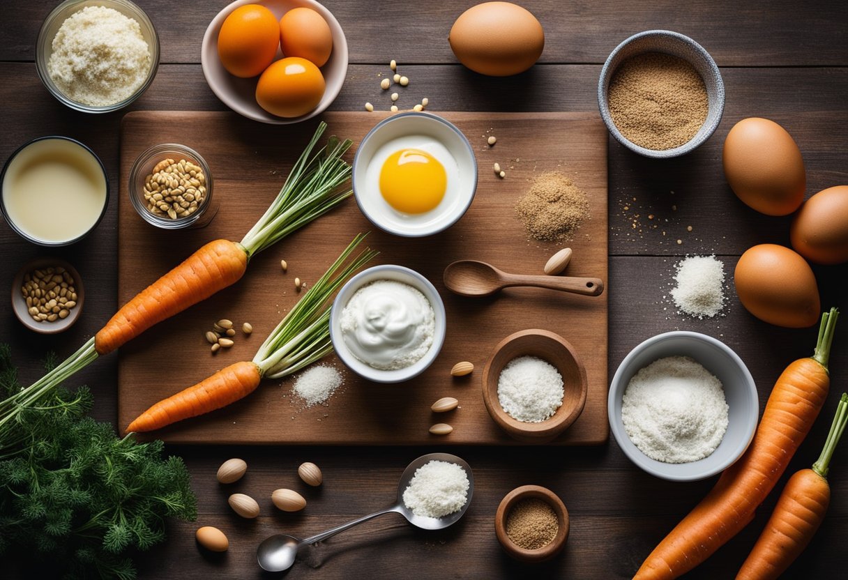 Uma bancada de cozinha rústica com ingredientes para bolo de cenoura caseiro: cenouras, farinha, ovos e uma tigela de mistura. Um livro de receitas está aberto em uma página sobre bolo de cenoura caseiro.