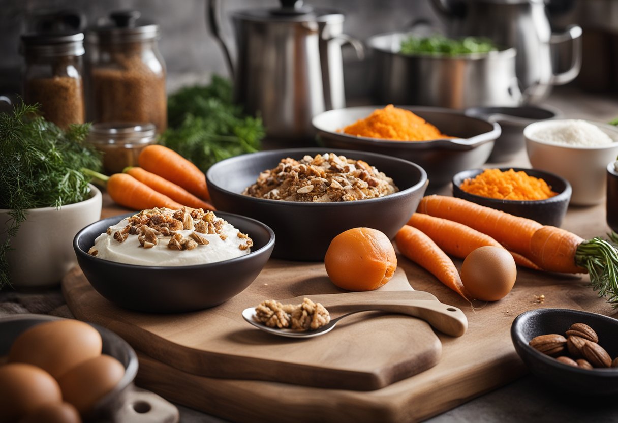 Uma bancada de cozinha rústica com ingredientes e utensílios para fazer bolo de cenoura caseiro