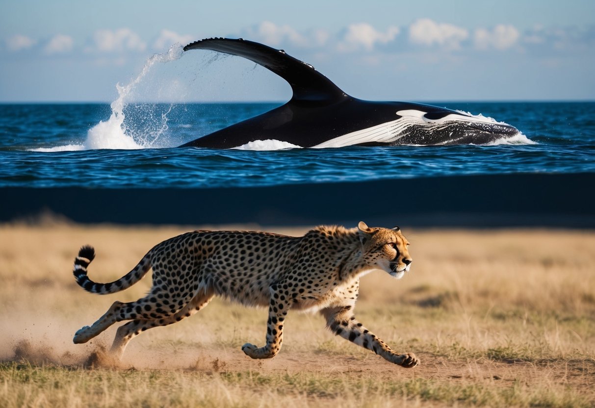 A cheetah races across an open savanna while a sleek whale breaches the surface of the ocean, both in a dynamic display of speed