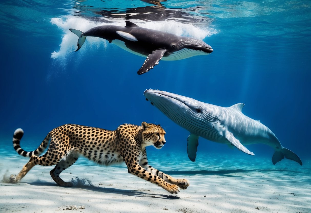 A cheetah racing past a swimming whale in the ocean depths