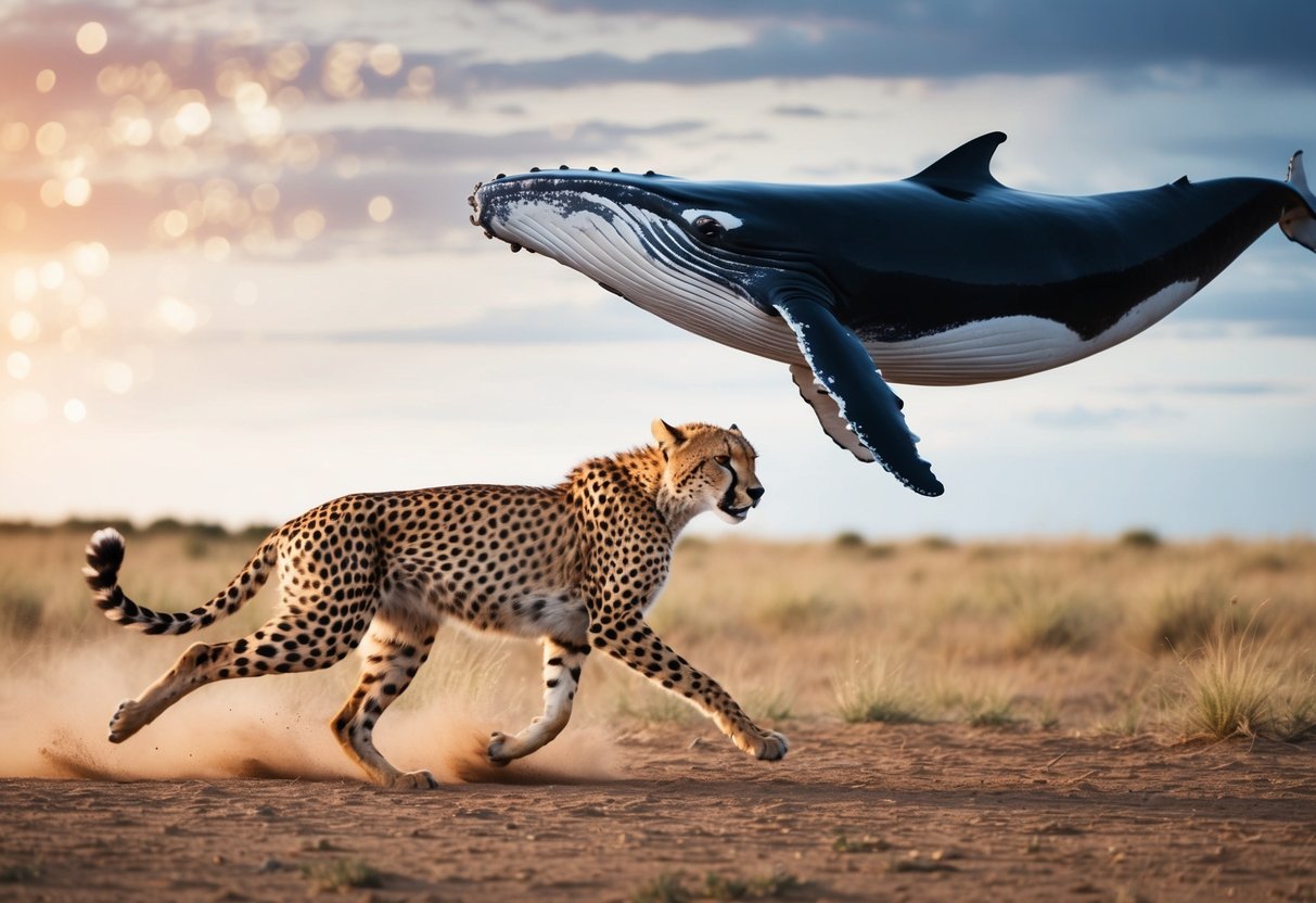 A cheetah sprints across the savanna while a whale glides through the ocean depths