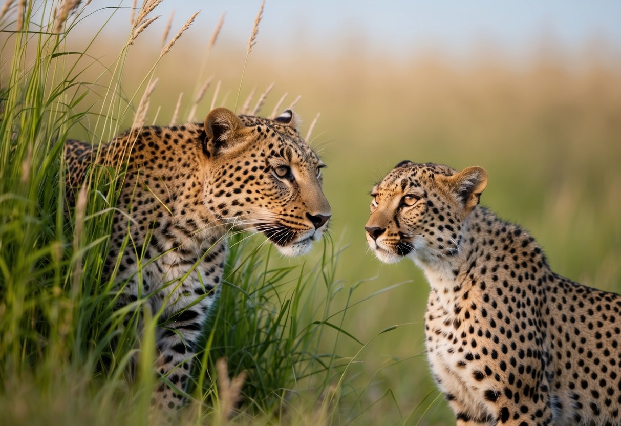 A leopard crouches behind tall grass, eyeing a cheetah cautiously. The cheetah looks alert but unaware of the looming danger
