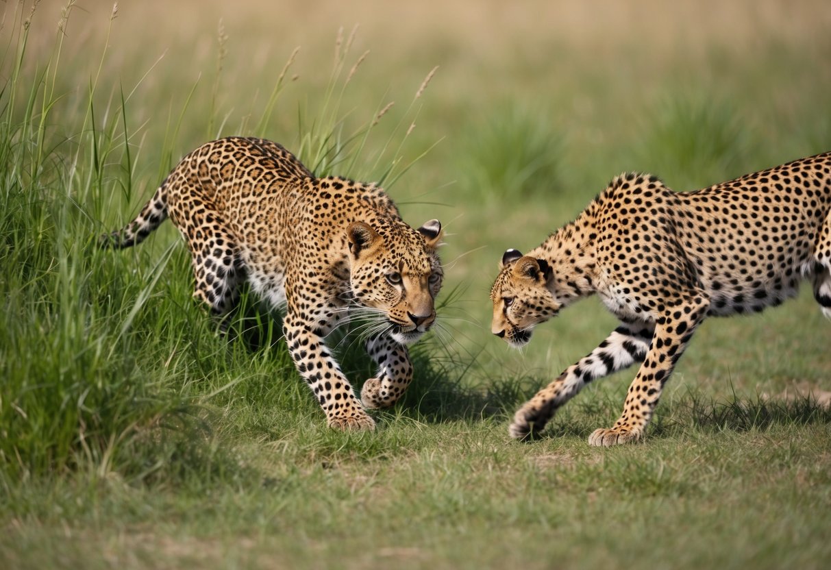 A leopard crouches in tall grass, stalking a cheetah. The cheetah is unaware, grazing on a nearby patch of grass