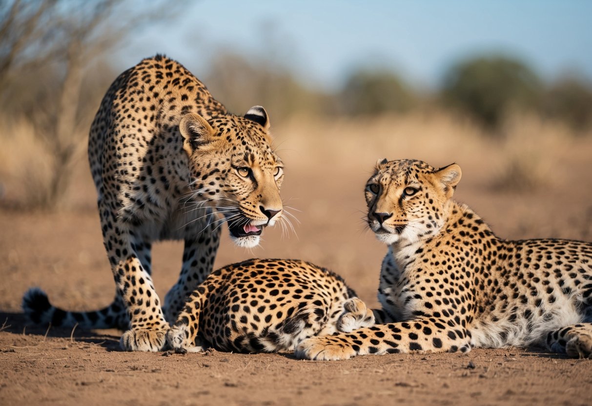 A leopard crouches near a resting cheetah, eyeing it hungrily. The cheetah looks alert, aware of the potential threat