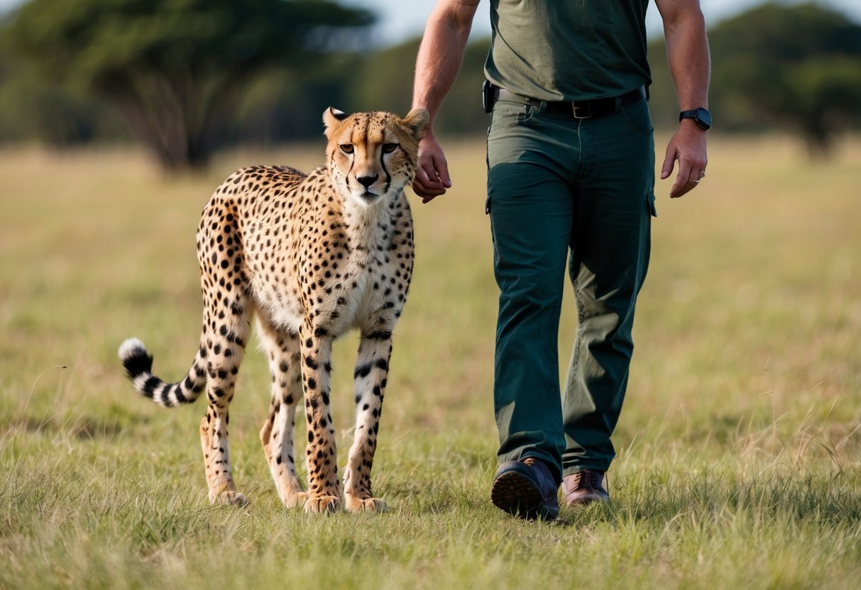 A cheetah and a human walking side by side through a grassy savannah, their eyes locked in a friendly gaze