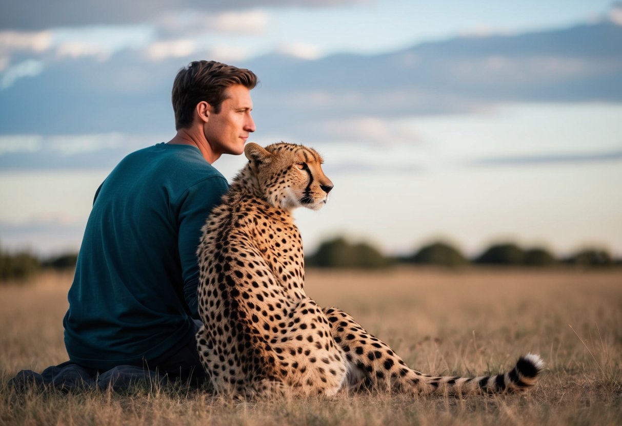 A cheetah and a human are sitting peacefully side by side, gazing into the distance with a sense of mutual understanding and respect