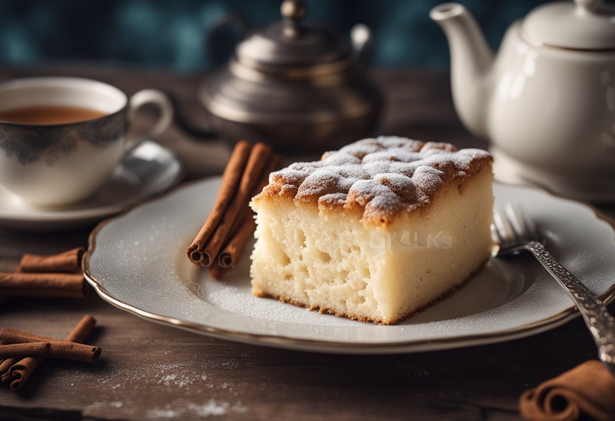 Um bolo de leite fofo polvilhado com canela, repousando sobre uma mesa rústica com um conjunto de chá vintage