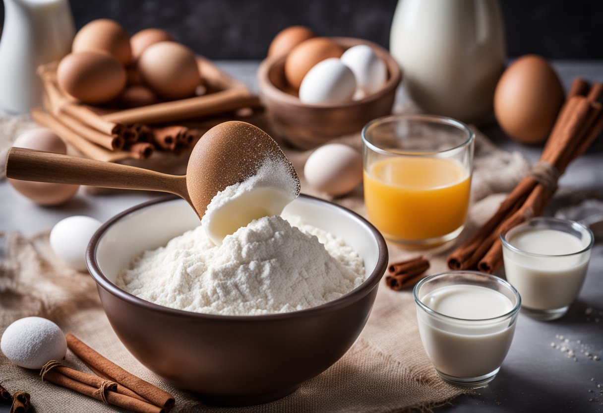 Uma tigela de mistura cheia de farinha, açúcar, leite e canela, cercada por ovos frescos e um batedor.