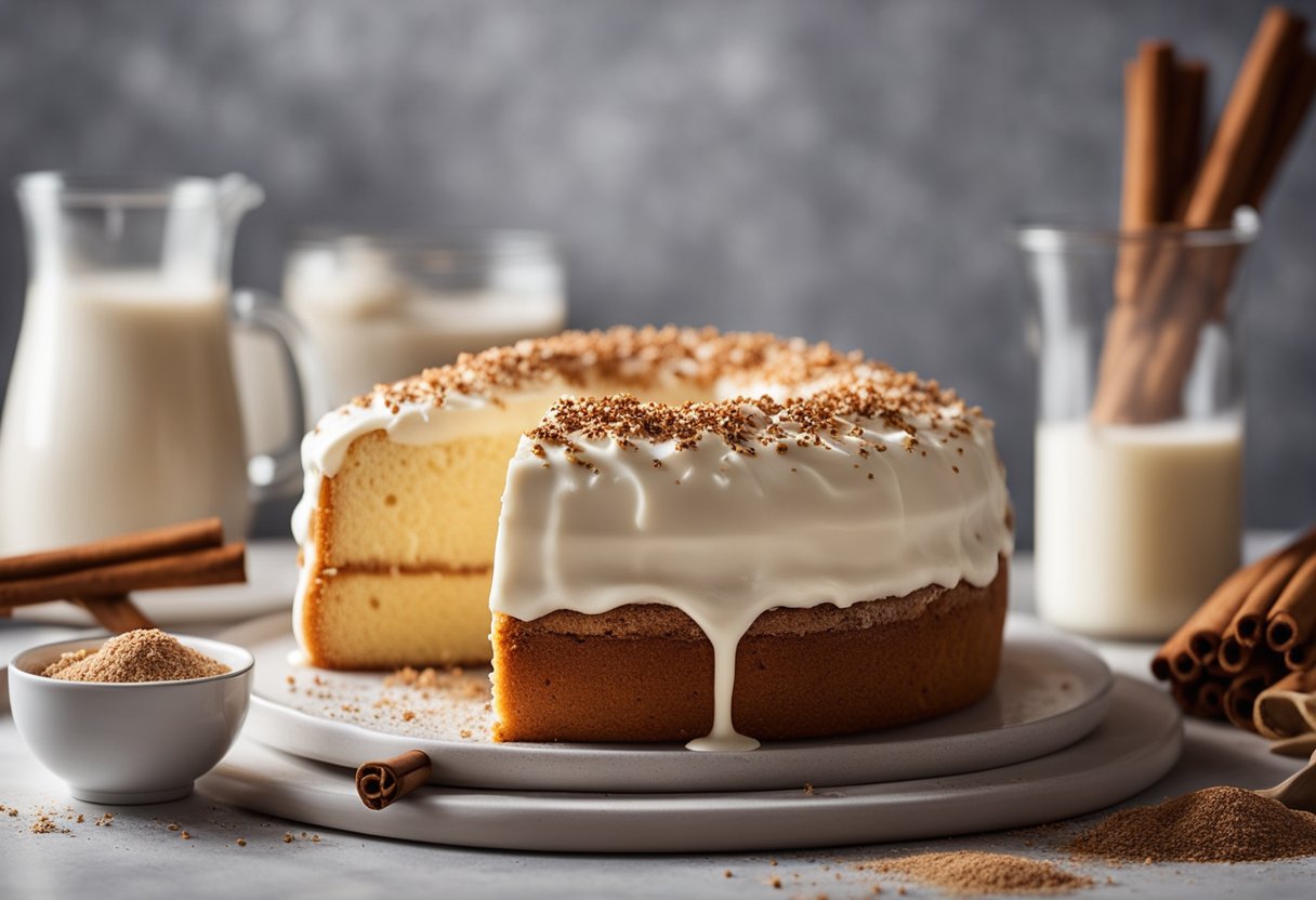 Um bolo de leite leve e fofinho sendo polvilhado com uma pitada de canela, cercado por ingredientes como leite, ovos e farinha em uma bancada de cozinha.